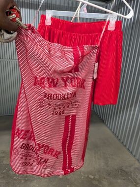 Red Mesh Graphic Beach Cover-Up & Skirt Set
